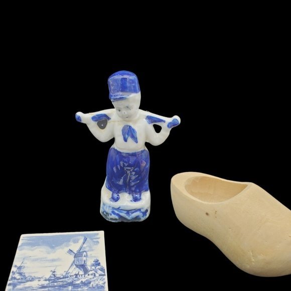 LOT Delft Tea Strainer & Mini Tile Dutch Holland Wooden Shoe, Blue White VTG Tri - Picture 4 of 10